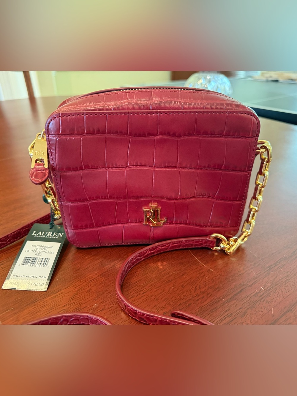 NWT, Ralph Lauren Red Croc-Embossed Leather Crossbody with Gold RL Logo
